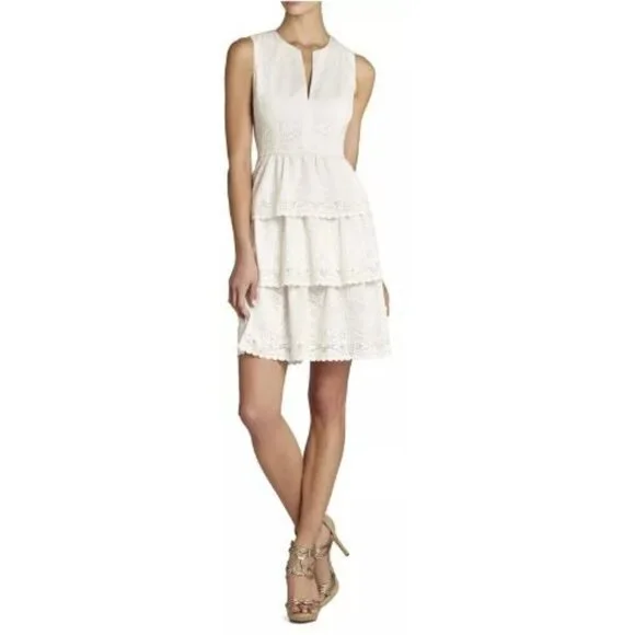 BCBGMAXAZRIA Women's Beige Mini Dress Scarlett Tiered Eyelet Size 06 (C-7) - Picture 1 of 15